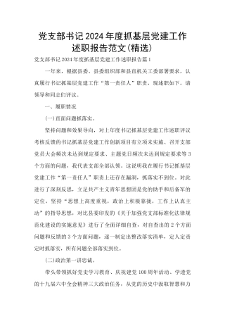 党支部书记2024年度抓基层党建工作述职报告范文