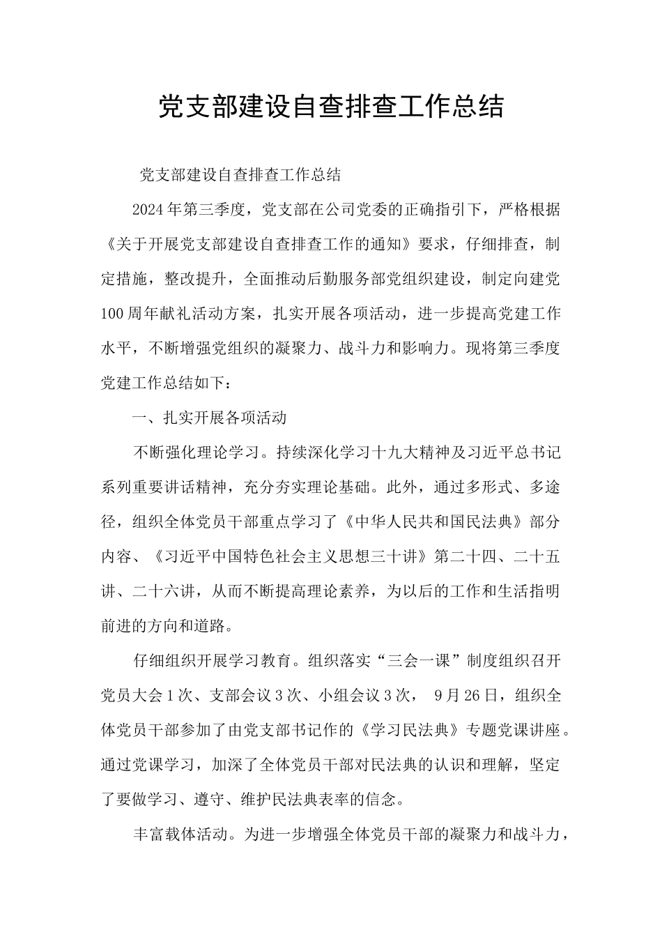 党支部建设自查排查工作总结_第1页