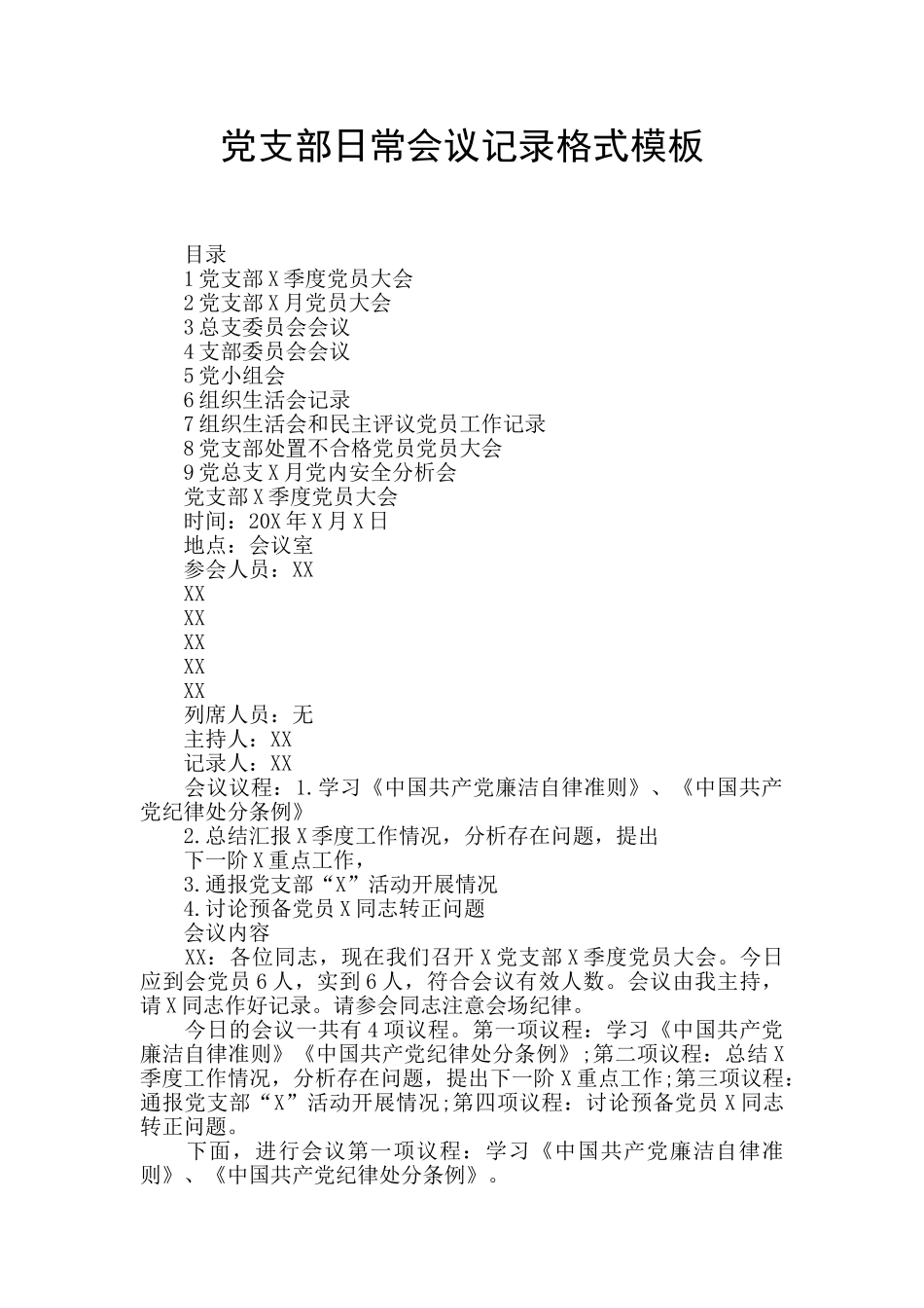党支部日常会议记录格式模板_第1页