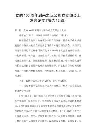 党的100周年到来之际公司党支部会上发言范文