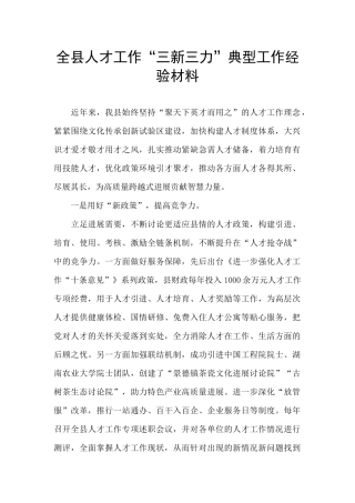 全县人才工作“三新三力”典型工作经验材料