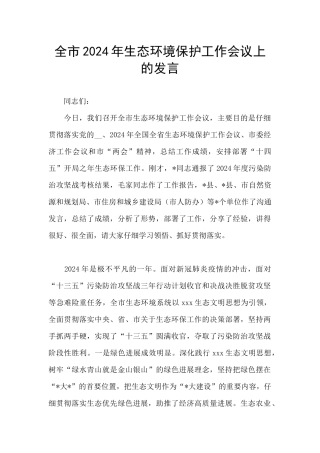 全市2024年生态环境保护工作会议上的发言