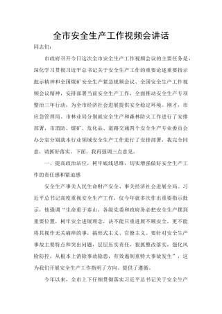 全市安全生产工作视频会讲话
