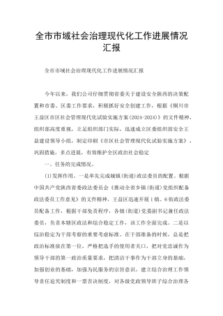全市市域社会治理现代化工作进展情况汇报
