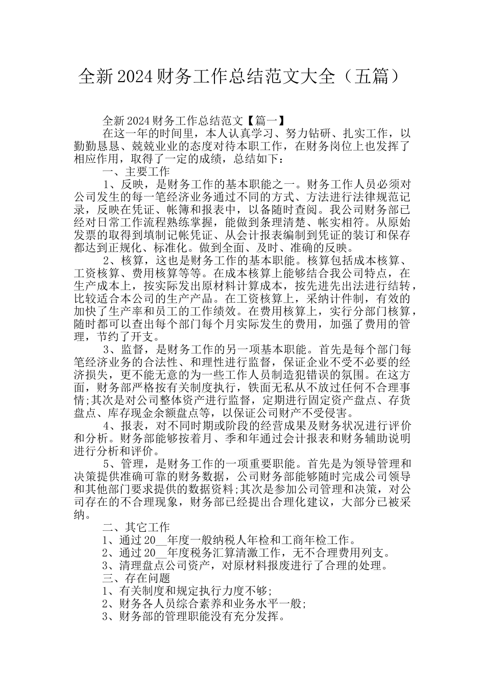全新2024财务工作总结范文大全_第1页