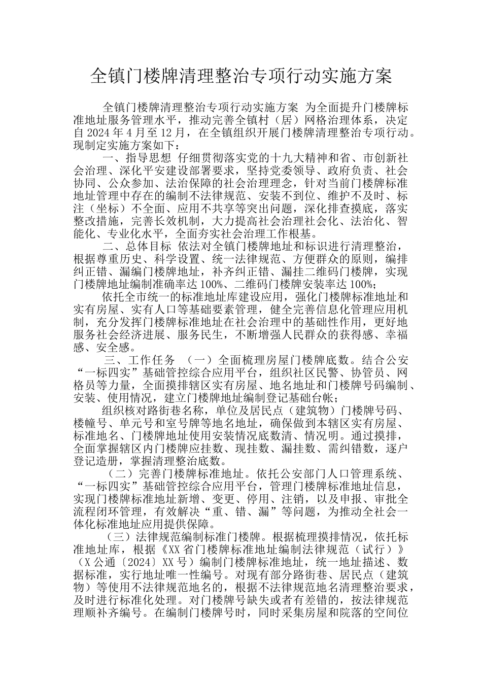 全镇门楼牌清理整治专项行动实施方案_第1页