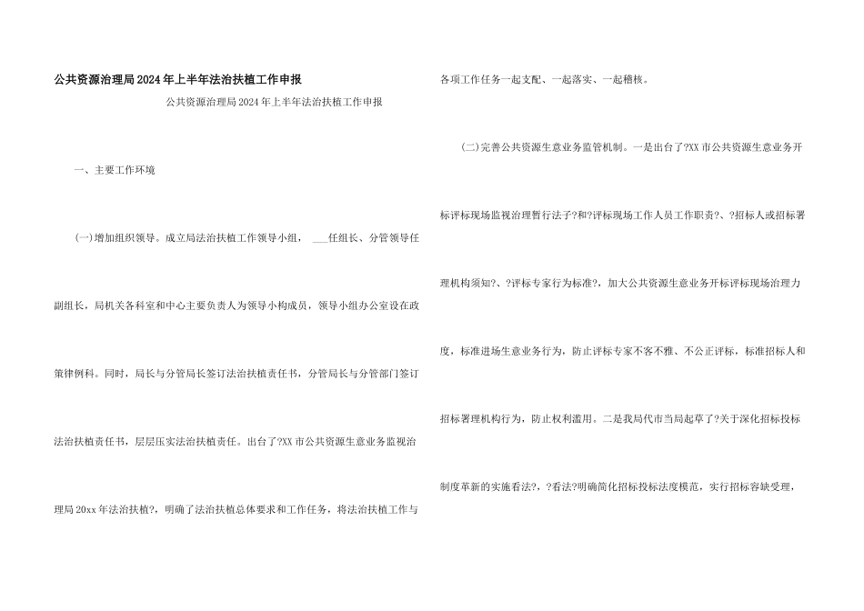 公共资源治理局2024年上半年法治扶植工作申报_第1页