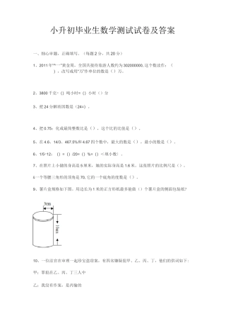小升初毕业生数学测试试卷及答案
