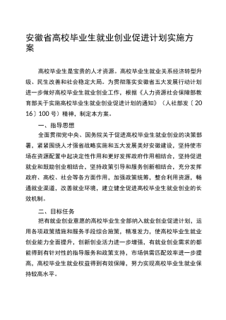 安徽高校毕业生就业创业促进计划实施方案.