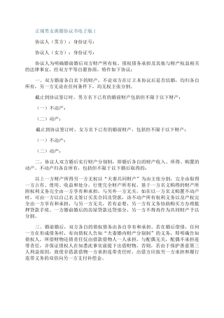 正规男女离婚协议书电子版