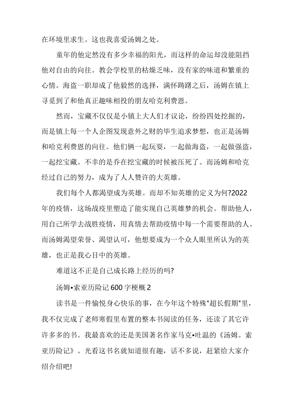 汤姆·索亚历险记600字梗概多篇_第2页