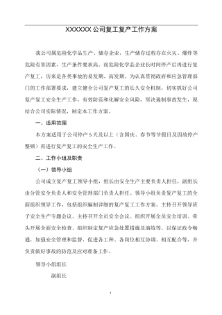 化工企业复产复工方案