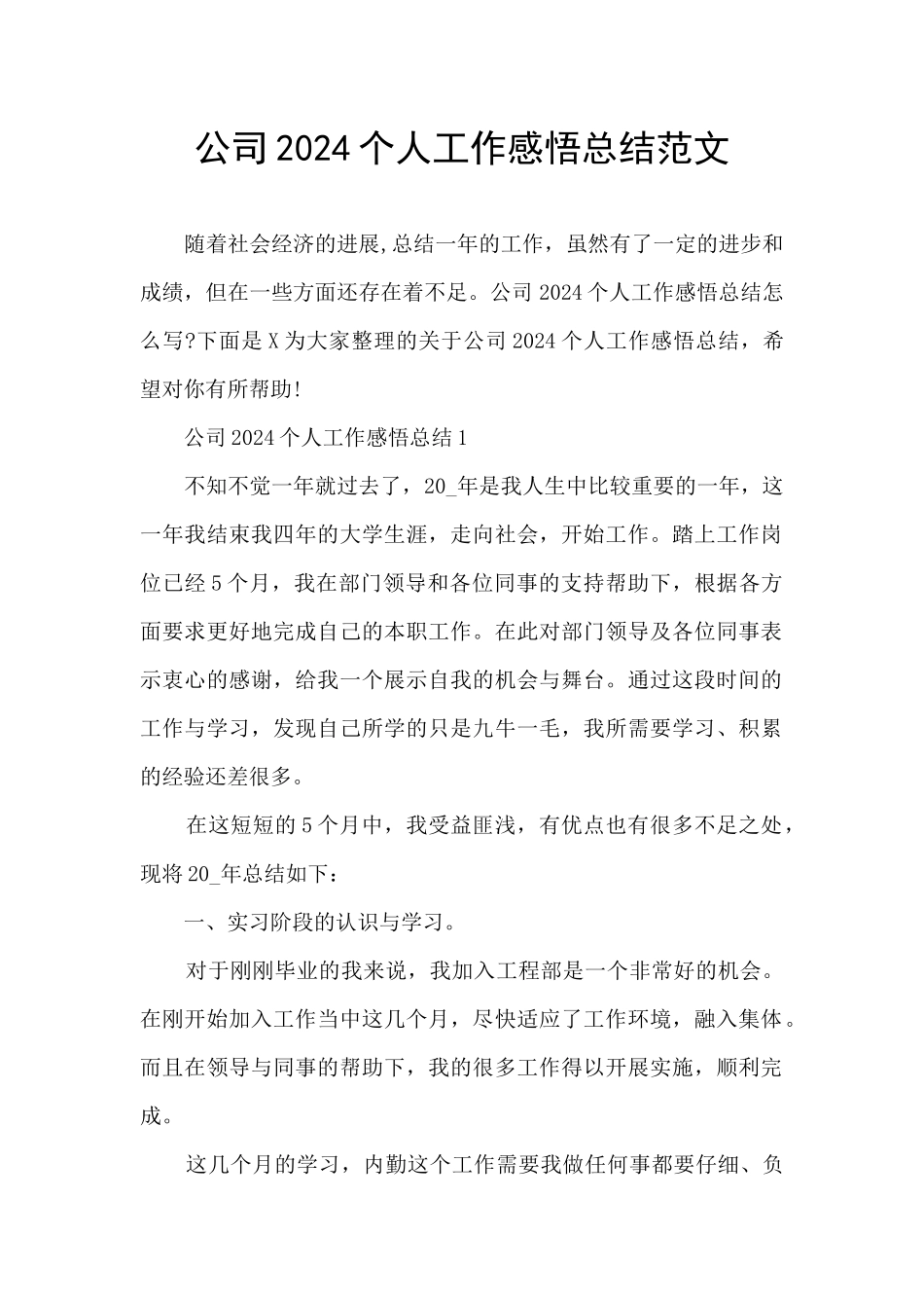 公司2024个人工作感悟总结范文_第1页