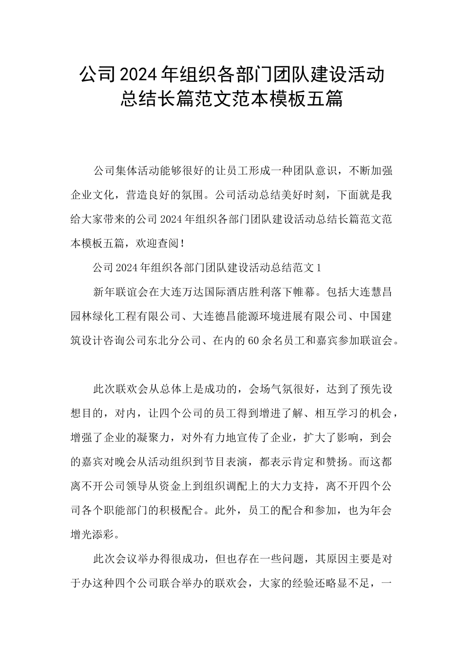 公司2024年组织各部门团队建设活动总结长篇范文范本模板五篇_第1页