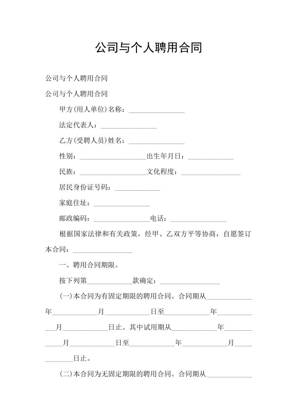 公司与个人聘用合同_第1页