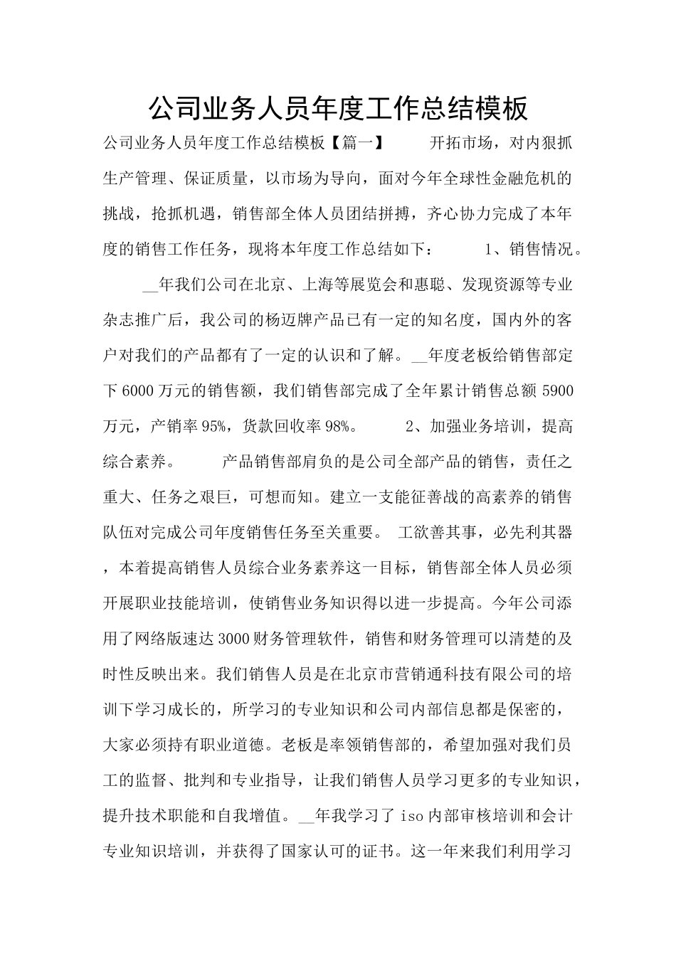 公司业务人员年度工作总结模板_第1页