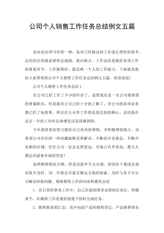 公司个人销售工作任务总结例文五篇