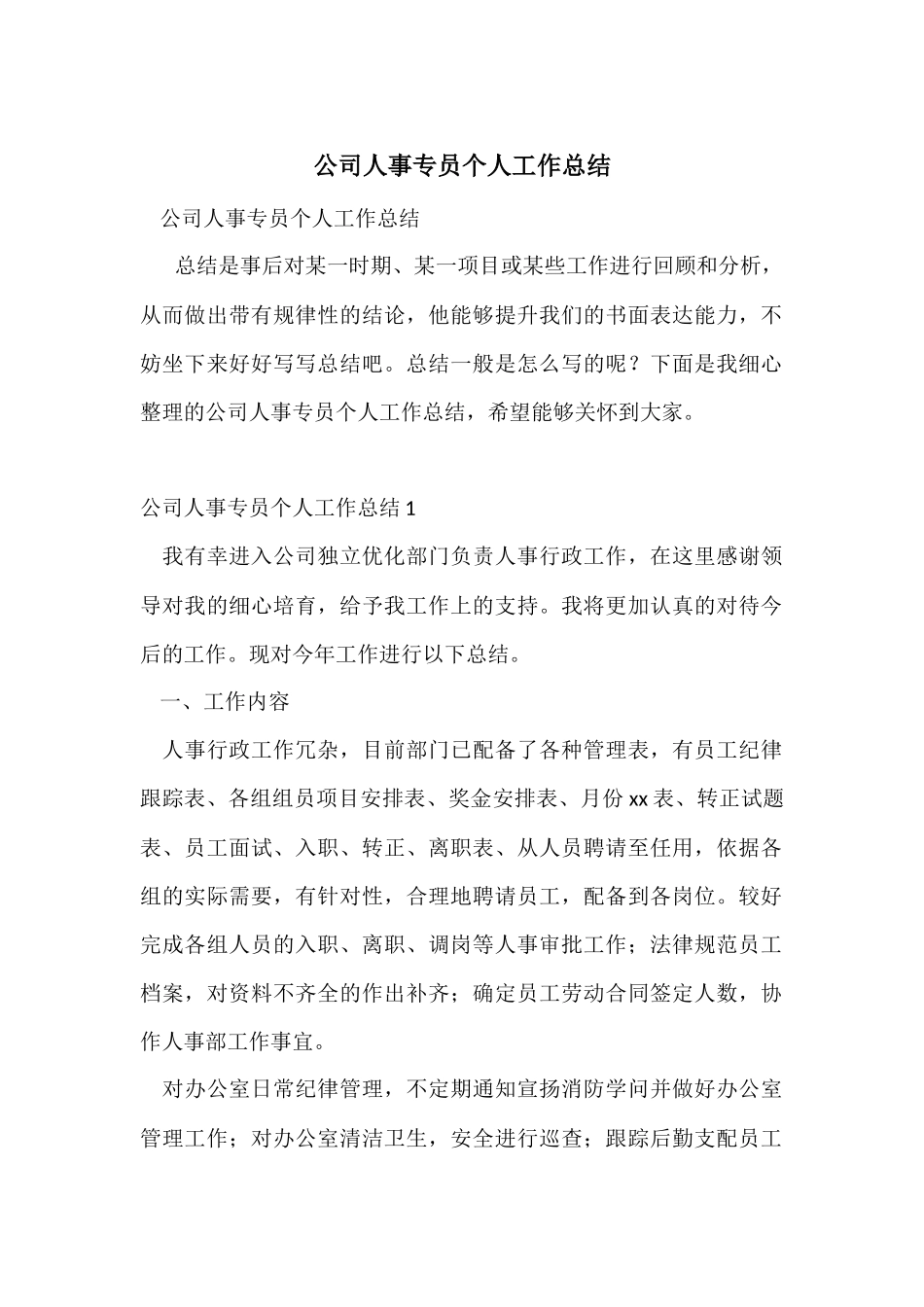 公司人事专员个人工作总结_第1页