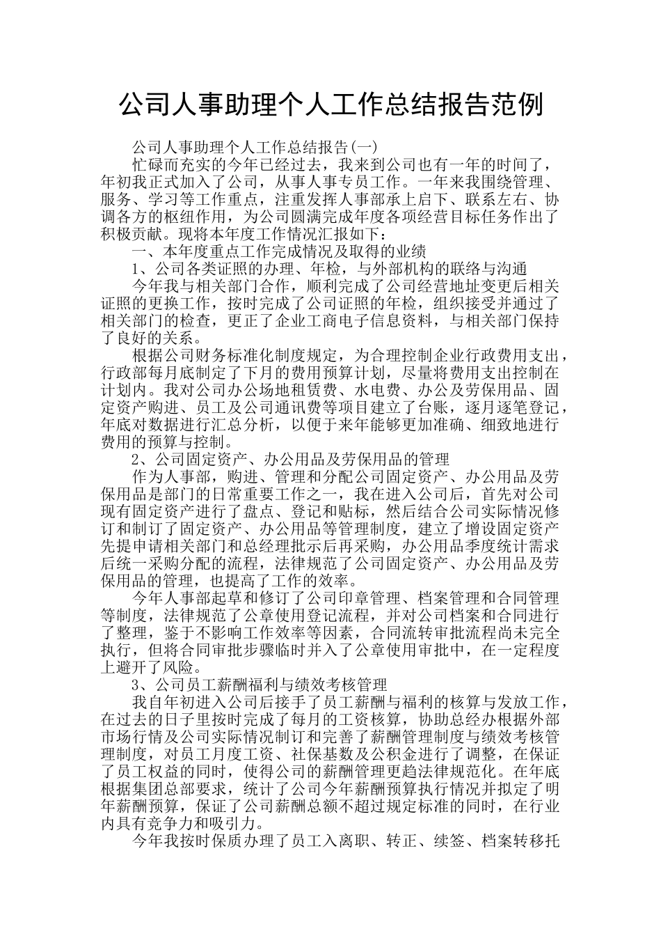公司人事助理个人工作总结报告范例_第1页