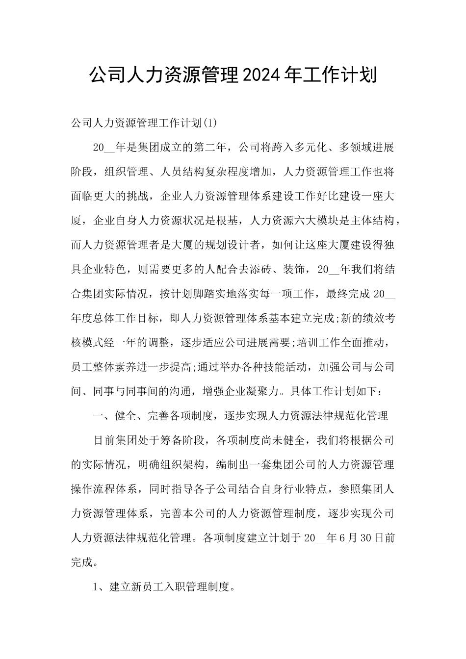 公司人力资源管理2024年工作计划_第1页