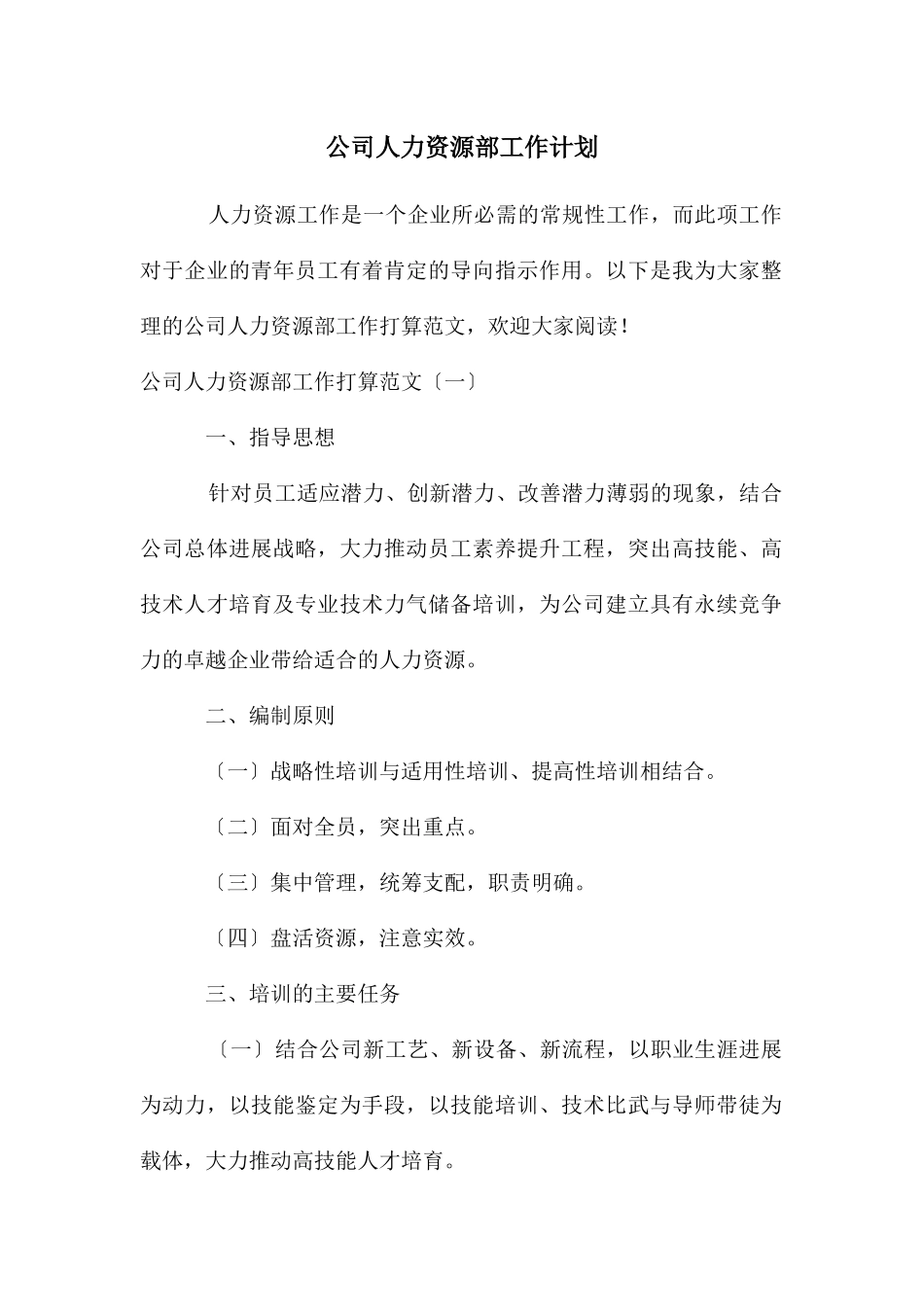 公司人力资源部工作计划_第1页