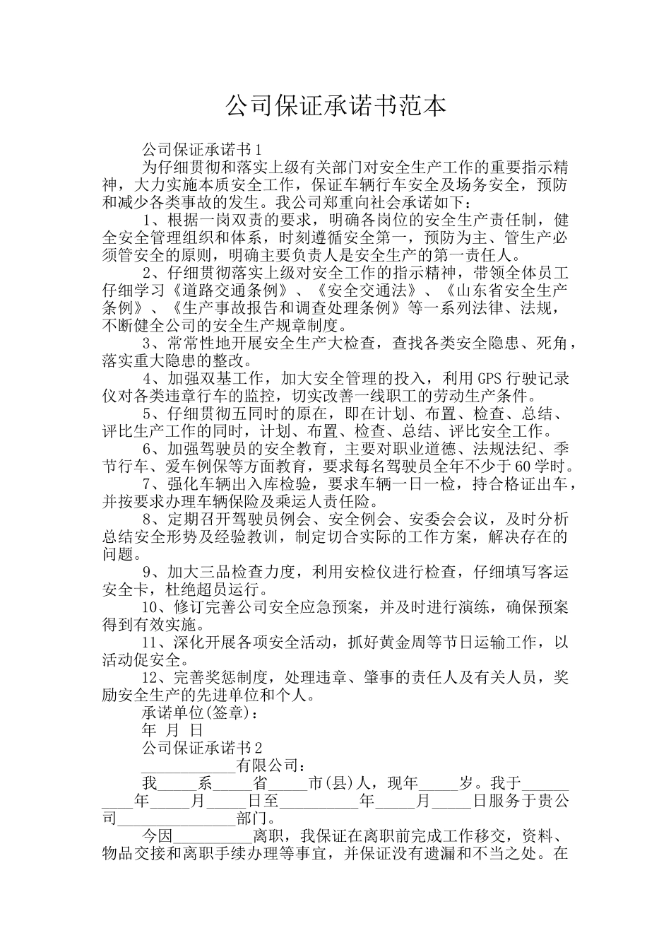 公司保证承诺书范本_第1页