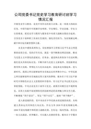 公司党委书记党史学习教育研讨班学习情况汇报