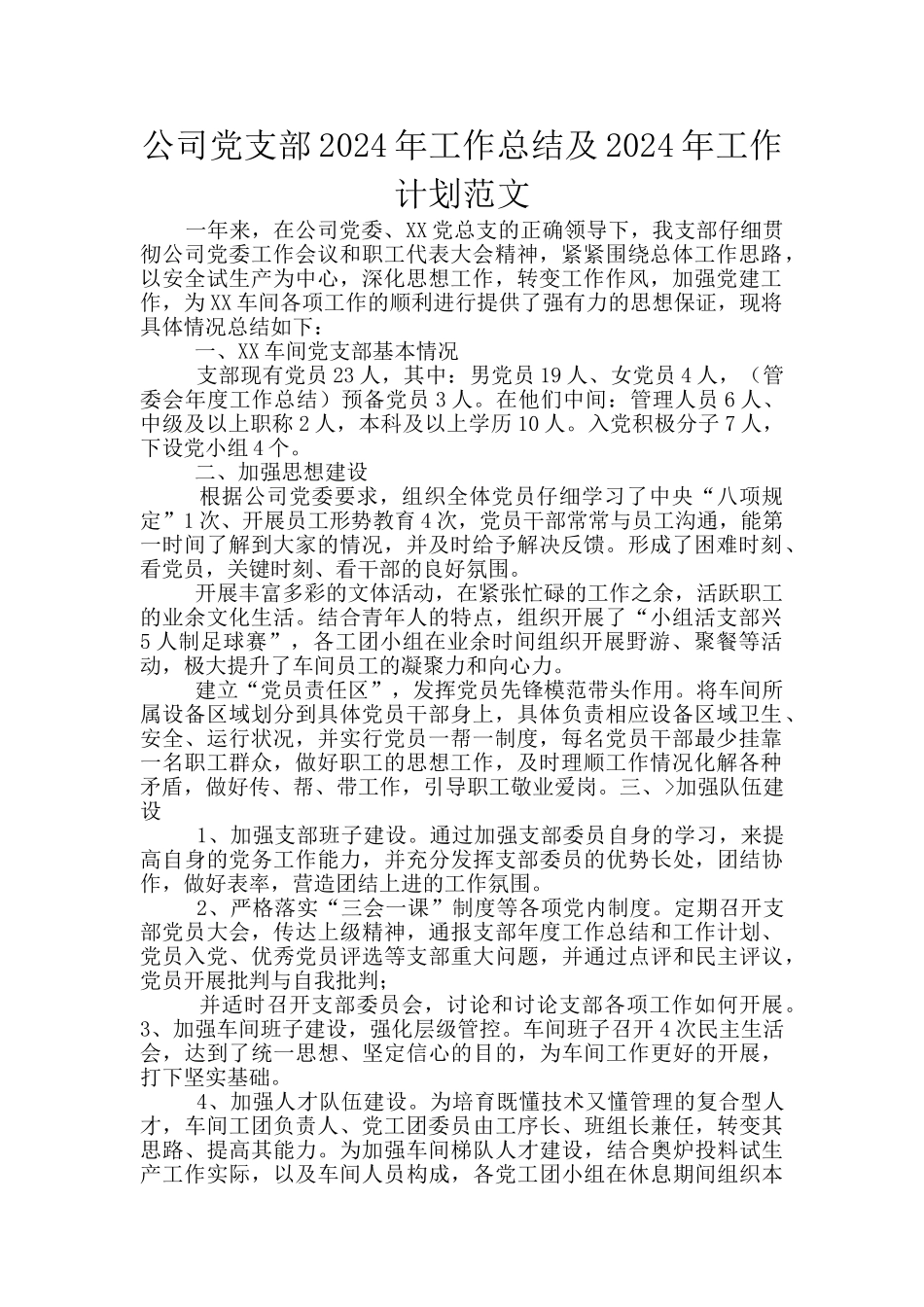 公司党支部2024年工作总结及2024年工作计划范文_第1页