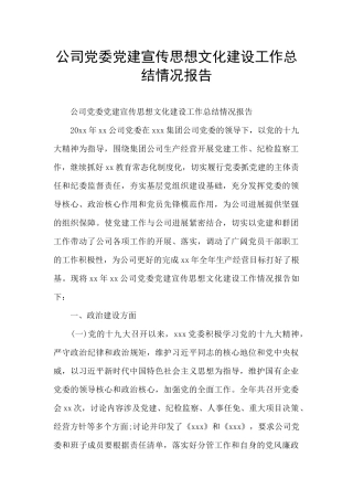 公司党委党建宣传思想文化建设工作总结情况报告