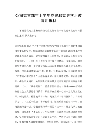 公司党支部年上半年党建和党史学习教育汇报材