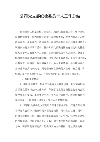 公司党支部纪检委员个人工作总结