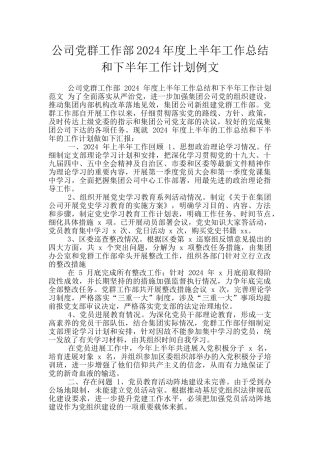 公司党群工作部2024年度上半年工作总结和下半年工作计划例文