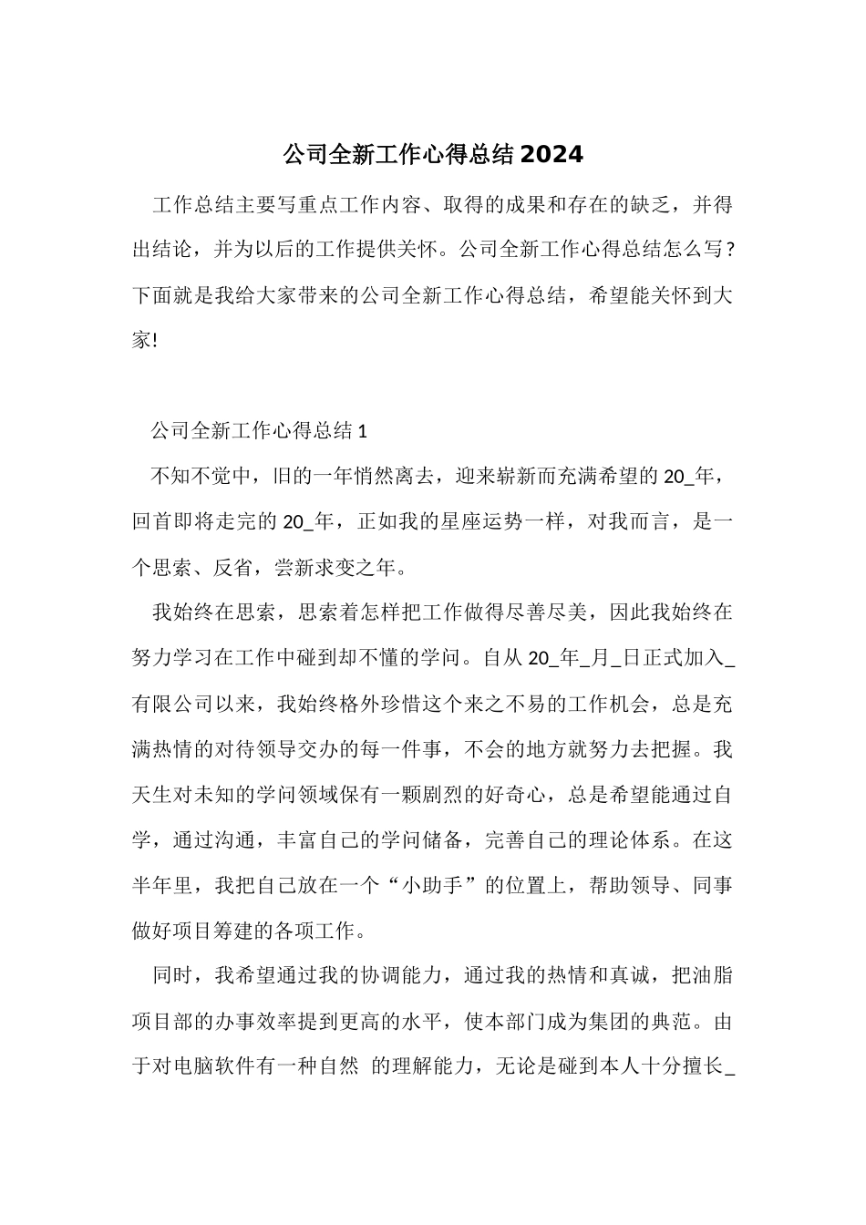 公司全新工作心得总结2024_第1页