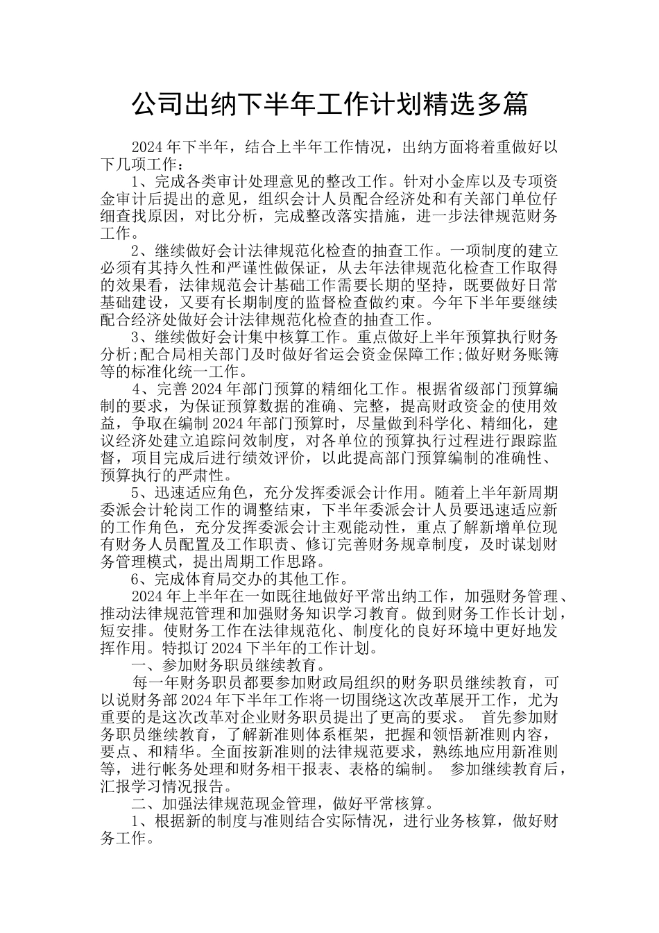 公司出纳下半年工作计划精选多篇_第1页