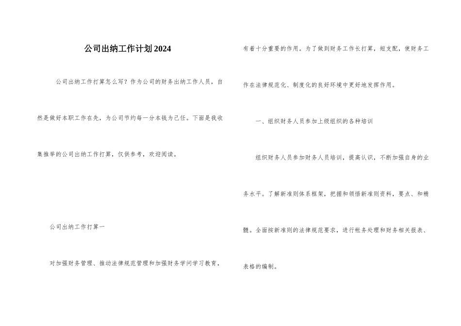 公司出纳工作计划2024_第1页