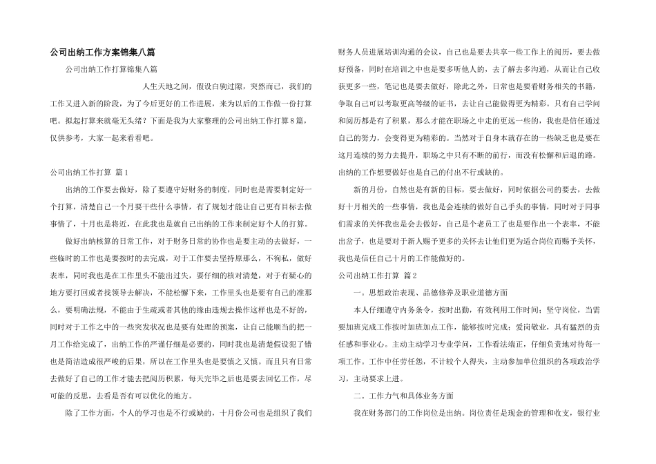 公司出纳工作计划锦集八篇_第1页