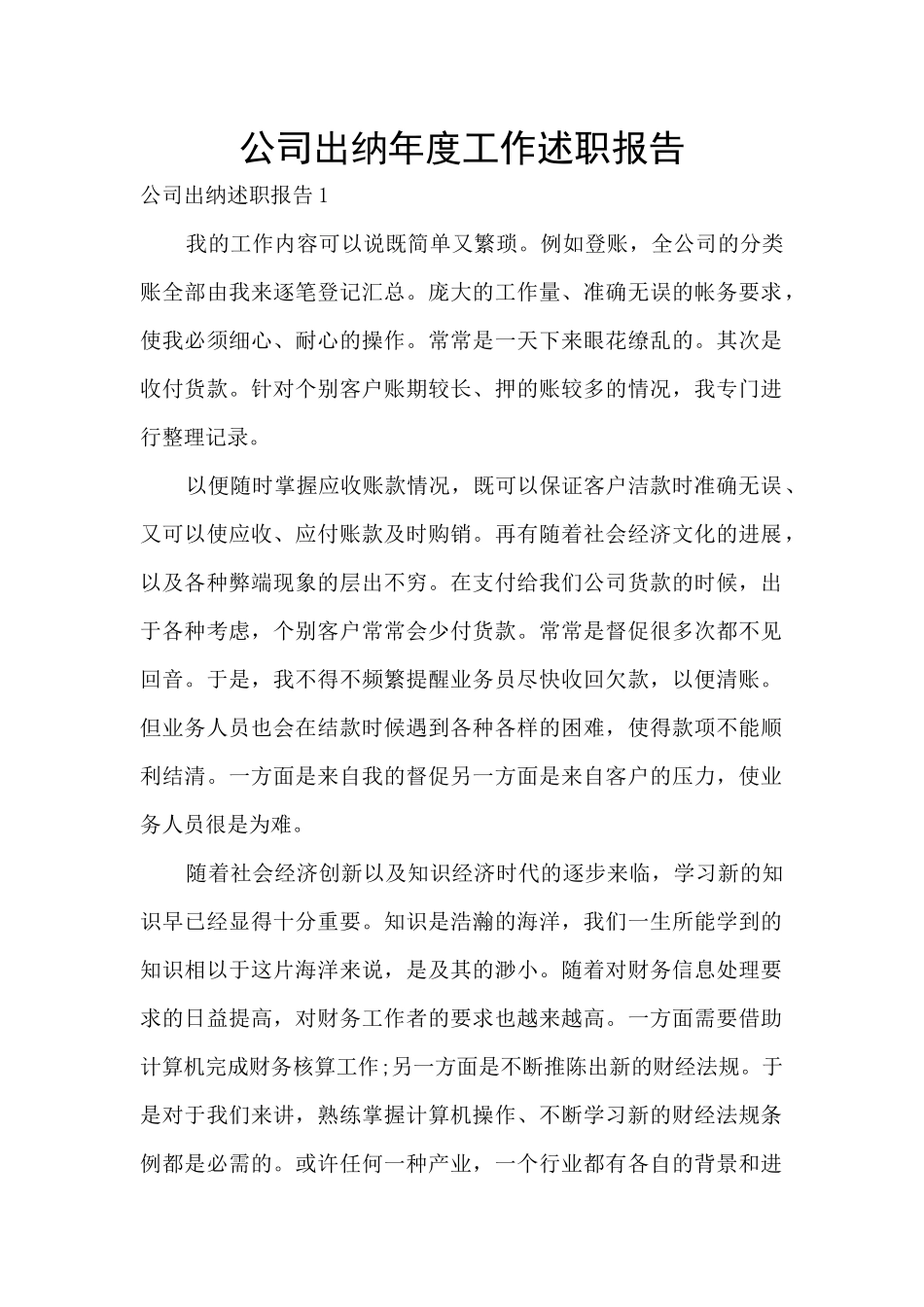 公司出纳年度工作述职报告_第1页