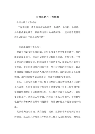 公司出纳月工作总结
