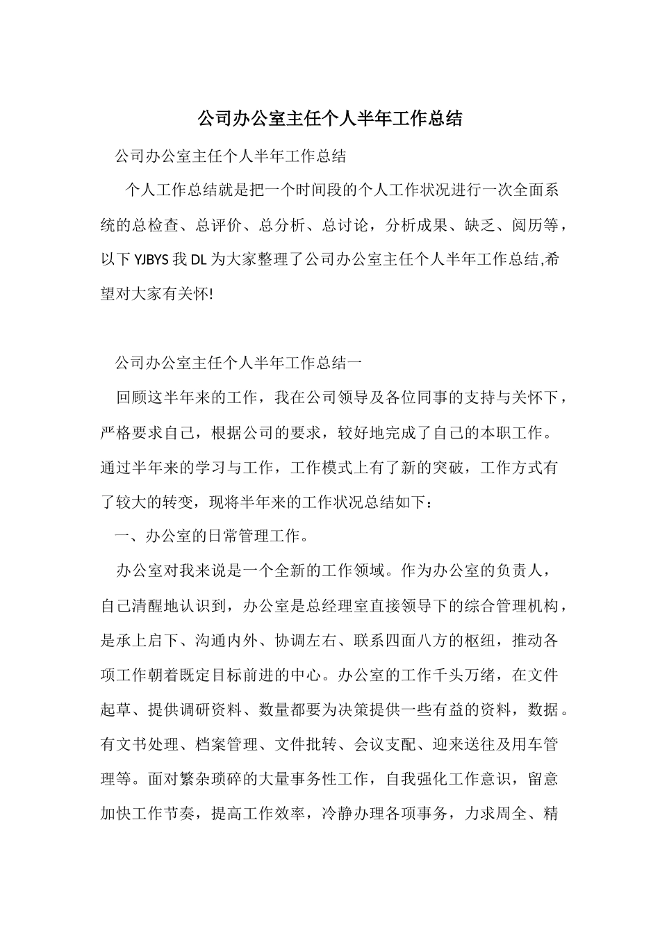 公司办公室主任个人半年工作总结_第1页