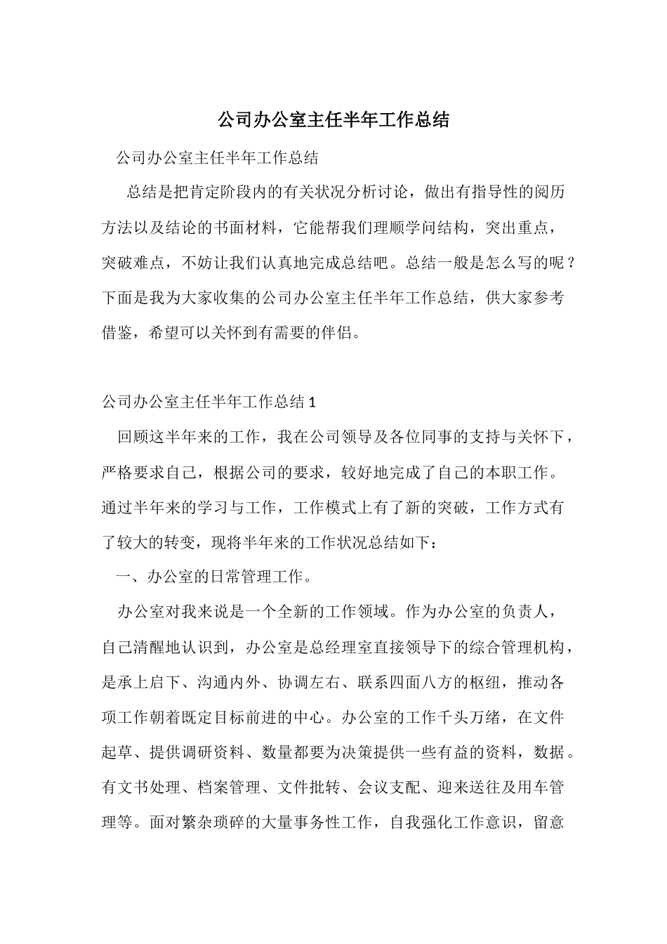 公司办公室主任半年工作总结_第1页
