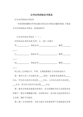 公司合作的协议书范本