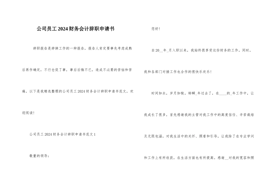 公司员工2024财务会计辞职申请书_第1页