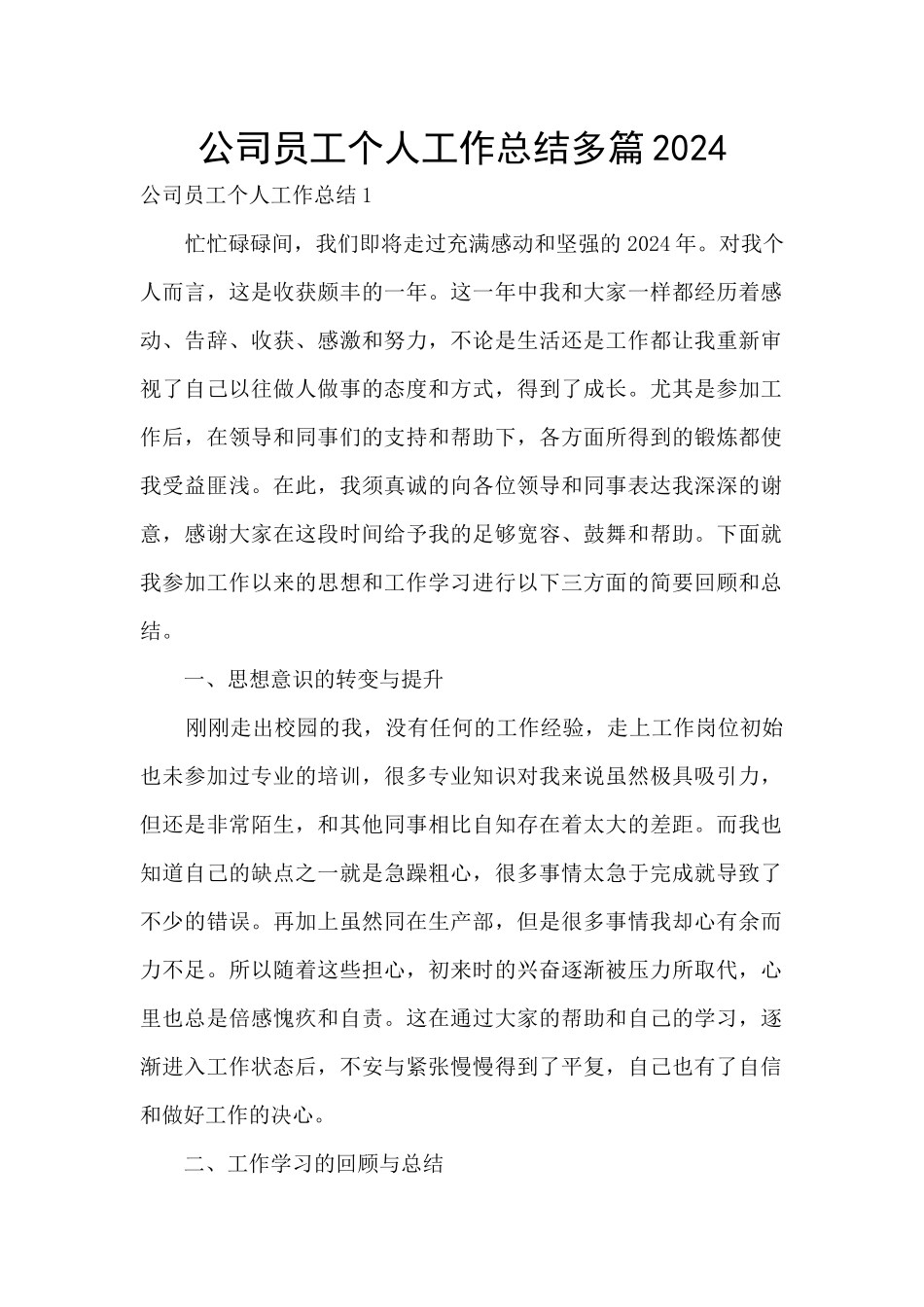 公司员工个人工作总结多篇2024_第1页