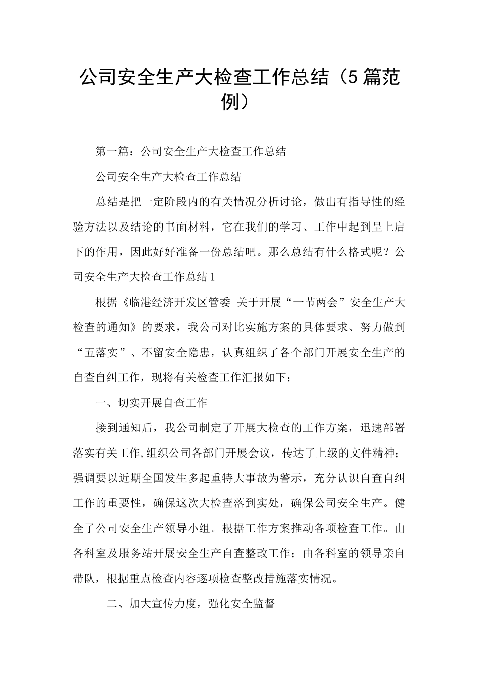 公司安全生产大检查工作总结_第1页