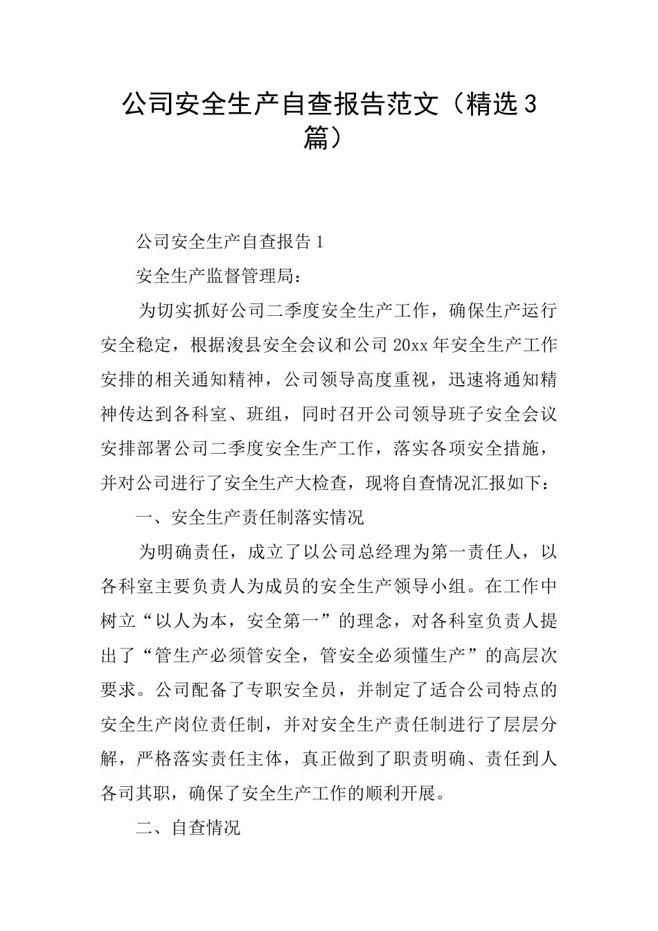 公司安全生产自查报告范文_第1页
