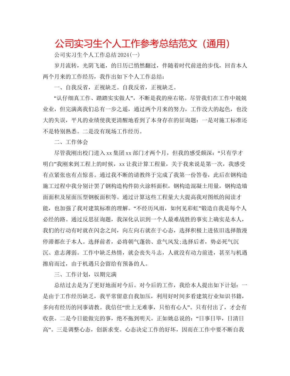 公司实习生个人工作参考总结范文通用_第1页