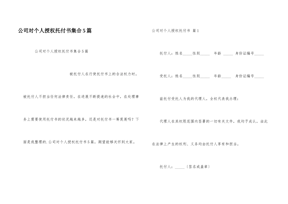 公司对个人授权委托书集合5篇_第1页