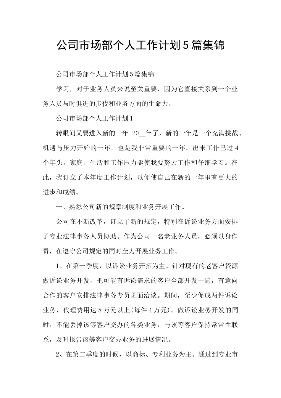 公司市场部个人工作计划5篇集锦_第1页