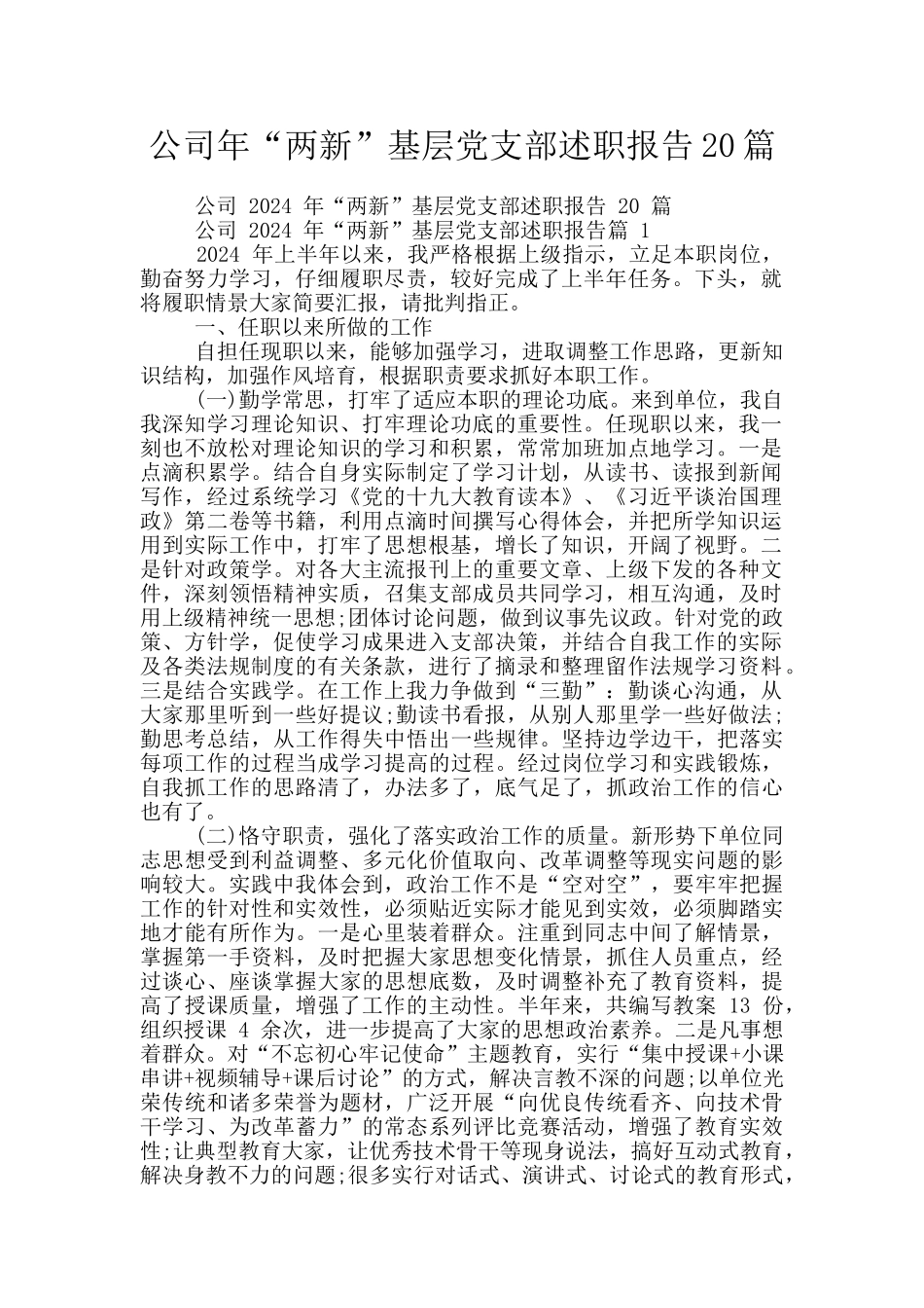 公司年“两新”基层党支部述职报告20篇_第1页
