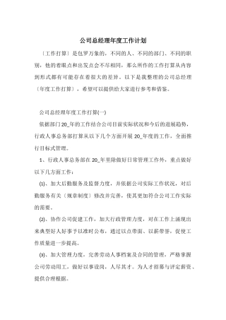 公司总经理年度工作计划
